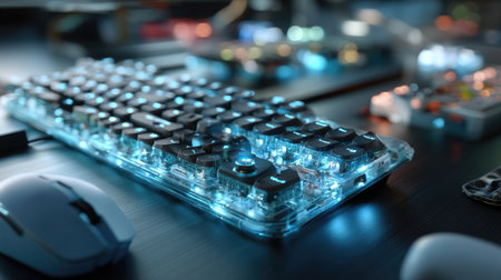 A high-resolution image of an illuminated mechanical keyboard showcasing vibrant lighting effects. Ideal for technology and gaming themes.の素材