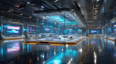 A high-tech laboratory interior showcasing futuristic design elements with neon lights and advanced equipment. Ideal for science and technology themes.の素材