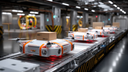 This image showcases the integration of advanced delivery drones operating on conveyor belts within a high-tech warehouse environment, highlighting modern automation.の素材