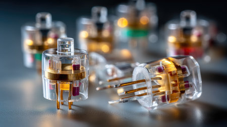 This image showcases a close-up view of clear electronic components featuring colorful inner details, highlighting the intricate design of technology.の素材