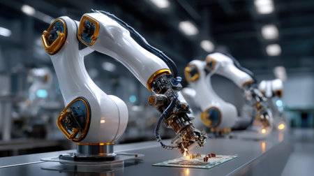 A highly advanced robotic arm is actively assembling components on a circuit board in a state-of-the-art industrial environment.の素材