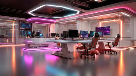 This vibrant gaming studio features a modern interior design with stylish neon lighting. Ideal for creative collaboration and advanced technological experiences.の素材