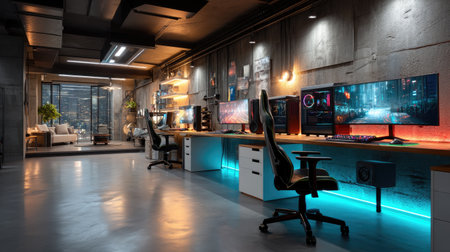A sophisticated gaming workspace featuring dual monitors, ergonomic chairs, and ambient lighting set in an industrial-style office, ideal for creativity and productivity.の素材