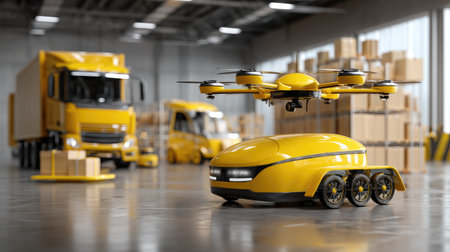 A futuristic scene featuring a delivery drone hovering above an autonomous vehicle in a warehouse filled with packages and trucks, showcasing advanced logistics technology.の素材
