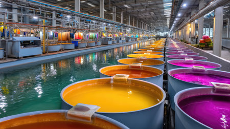 This image showcases a vibrant dye production facility, featuring colorful tanks filled with liquid dyes. The setting highlights the industrial processes involved in textile manufacturing, emphasizing innovation and technology in a dynamic workspace.の素材