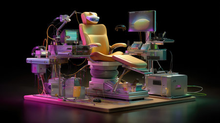 A modern dental chair exhibits innovative technology and sophisticated medical devices, creating a futuristic environment for patient care and treatment.の素材