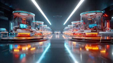 A sleek futuristic laboratory featuring advanced technology and vibrant neon lights, showcasing a high-tech environment for scientific research and innovation.の素材