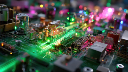 A vibrant close-up of a circuit board showcasing intricate microchips and colorful LED lights, representing the future of technology and electronic innovation.の素材