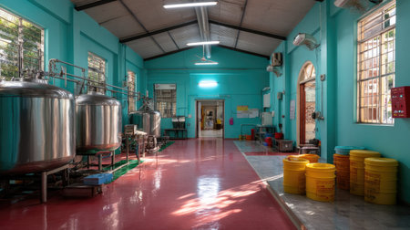 A vibrant industrial setting showcasing large metal tanks, colorful plastic buckets, and a clean, spacious layout under soft lighting, ideal for manufacturing activities.の素材