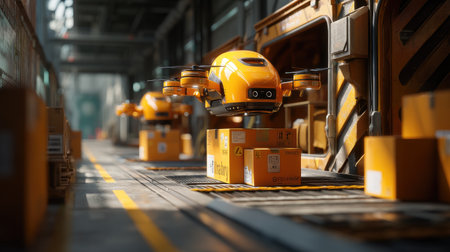 This image captures an advanced drone navigating a bustling warehouse environment, showcasing innovative package delivery technology amidst vibrant yellow packaging.の素材