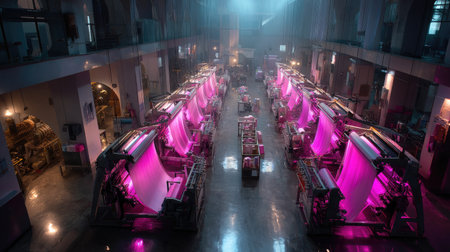 A vibrant textile production facility showcases modern machinery illuminated by neon lights. The scene captures the dynamic energy and innovative spirit of the textile industry in a striking aesthetic.の素材