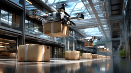 A high-tech warehouse scene showcasing drones in flight delivering packages. This modern environment highlights advancements in logistics and automation.の素材