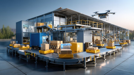 A modern logistics center showcases an automated system featuring a drone delivering packages amidst a bustling industrial landscape under clear skies.の素材