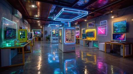 Explore a vibrant gaming room filled with neon lights, high-tech displays, and sleek furniture, creating a futuristic and immersive digital experience.の素材