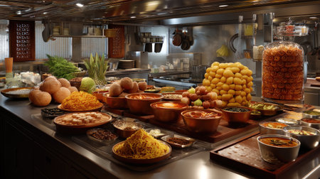 A dynamic Indian kitchen showcases a colorful array of dishes, fresh ingredients, and culinary tools, celebrating the art of cooking and tradition.の素材