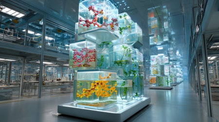 A stunning modern laboratory features transparent aquatic containers filled with vibrant flowers, showcasing innovative research within a sleek environment.の素材