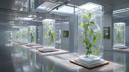 A striking modern art installation in a minimalist gallery, featuring glass cubes housing vibrant green plants, enhancing the ambiance and creativity of the space.の素材