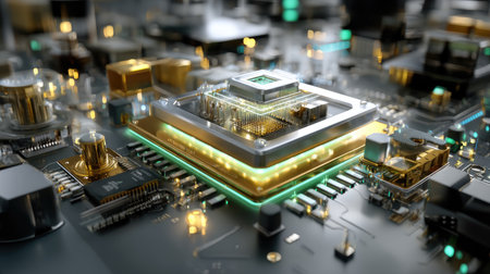 This close-up image showcases an advanced microprocessor positioned on a circuit board, highlighting intricate electronic components with glowing elements.の素材