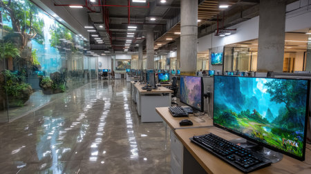 Bright and spacious office workspace featuring multiple computer stations and large screens, designed for productivity and creativity in a serene environment.の素材