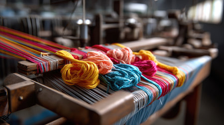 A vibrant display of colorful threads on a traditional loom in an artisan workshop, highlighting the intricate process of handmade textile creation.の素材