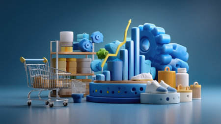 A vibrant and imaginative 3D arrangement featuring a shopping cart, graphs, and various packaging elements representing e-commerce growth and market dynamics.の素材