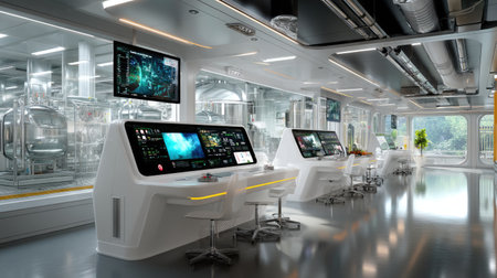 A modern control room showcases sleek workstations equipped with advanced monitors and a clean industrial setup, emphasizing innovation and technology.の素材