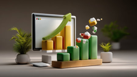 This image illustrates a modern growth analytics concept with vibrant 3D bar graphs, a computer screen, and greenery, symbolizing progress and innovation.の素材