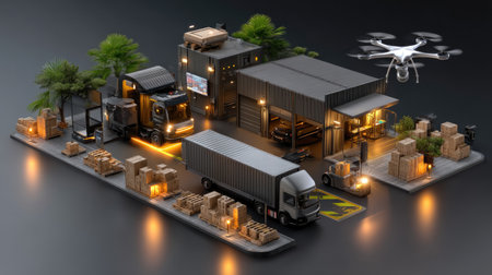 A modern logistics hub features trucks, drones, and containers in an urban setting, showcasing advanced technology and efficient operations at night.の素材
