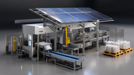 This image showcases an advanced automated machine integrated with a solar panel system, highlighting innovative technology for efficient production and sustainability in industry.の素材