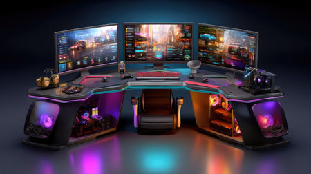 This image features a modern gaming setup with triple monitors, vibrant RGB lighting, and an ergonomic chair, creating an ultimate space for gamers.の素材