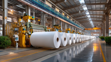 A spacious industrial paper manufacturing facility showcasing an advanced production line with large rolls of white paper, machinery, and organized workflow.の素材