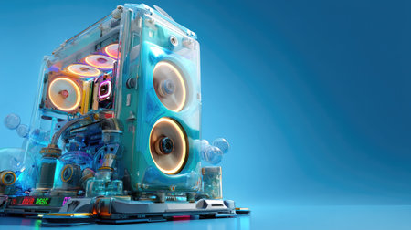 A stunning futuristic speaker system featuring a transparent casing, vibrant neon lights, and dynamic audio performance. Perfect for music enthusiasts and modern spaces.の素材