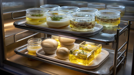 A chic refrigerator displays an array of exquisite desserts and gourmet dishes, featuring colorful layers and fresh herbs, creating a visual feast for culinary enthusiasts.の素材