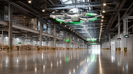 A spacious modern warehouse featuring a flying drone above empty aisles and shelves, showcasing advanced technology in a high-tech industrial environment.の素材