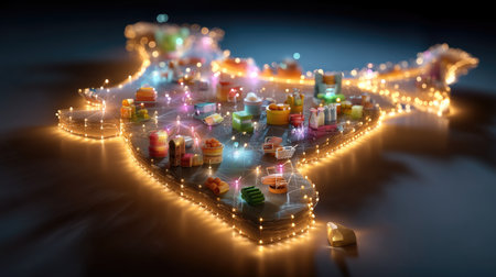 A stunning digital representation of the map of India, adorned with vibrant lights and festive decorations, symbolizing joy and celebration in a captivating style.の素材