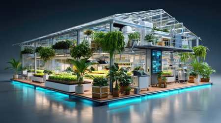 This innovative greenhouse showcases a blend of modern design and advanced technology, ideal for sustainable agriculture. It features lush plants and high-tech systems supporting efficient indoor gardening.の素材