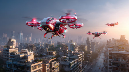 A stunning aerial view of futuristic drones flying over a modern urban landscape at sunset, showcasing technology and innovation amidst city life.の素材