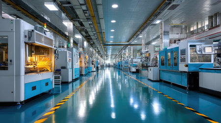 A bright and spacious industrial factory interior showcases modern machinery and organized workstations under high ceilings, exemplifying advanced manufacturing practices.の素材