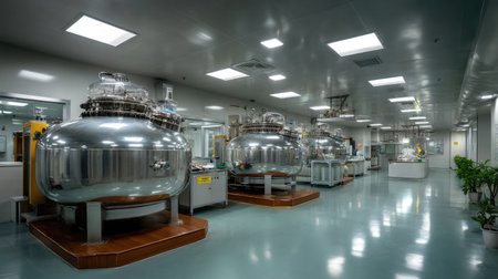 A modern industrial laboratory featuring stainless steel reactors and advanced equipment designed for scientific research and experimentation in a clean environment.の素材