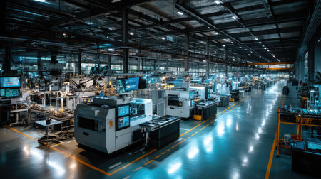 A spacious and modern manufacturing facility showcasing advanced machinery and bright lighting. The environment highlights efficiency and innovative technology in action.の素材