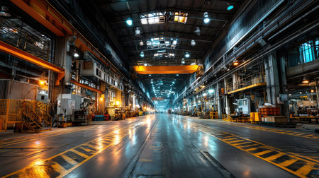 A spacious industrial warehouse interior showcasing machinery and cranes under high bay lighting. The empty floor provides a clear view of the modern facility.の素材
