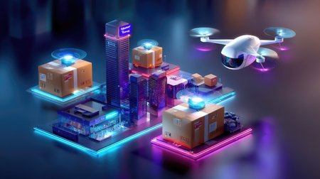 This vibrant cityscape showcases a delivery drone hovering over illuminated package hubs, symbolizing the future of logistics and urban integration.の素材
