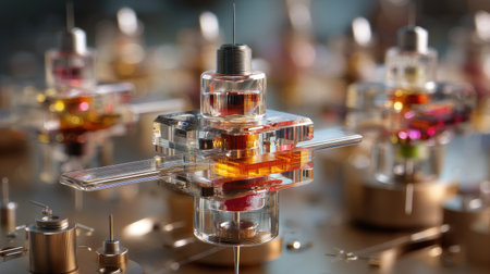 This abstract image showcases colorful liquids inside transparent containers, reflecting light and enhancing the aesthetic of scientific innovation.の素材