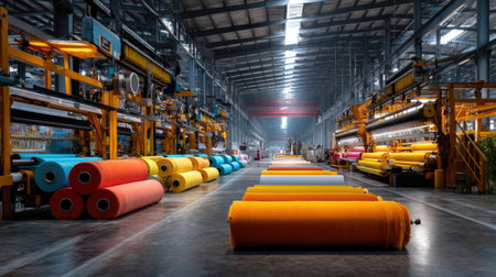 A vibrant textile factory showcases colorful rolls of fabric organized neatly in an industrial space, filled with advanced machinery and bright lighting, emphasizing a productive atmosphere.の素材