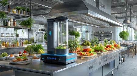 A sleek, modern professional kitchen showcasing an innovative cooking device among a vibrant array of fresh ingredients on a spacious counter.の素材