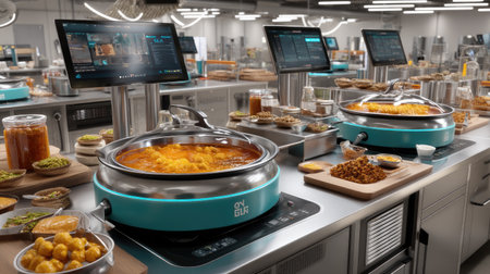 This image captures a modern kitchen filled with advanced cooking stations, showcasing a variety of delicious dishes in preparation, emphasizing innovation and efficiency.の素材