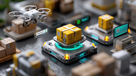 A detailed view of a futuristic warehouse scene featuring a drone delivering packages. The setting showcases advanced automation, technology integration, and modern logistics solutions.の素材