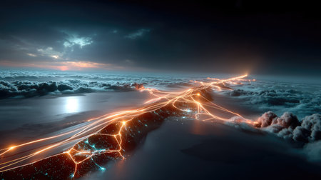 A stunning abstract view showcasing illuminated pathways weaving through clouds over tranquil water during twilight, creating a dreamlike atmosphere.の素材