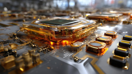 This image showcases a close-up view of a sophisticated circuit board featuring intricate microchips and shimmering golden components, highlighting modern technology and innovation.の素材