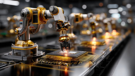 This image showcases advanced industrial robots meticulously assembling microchips in a high-tech manufacturing facility, highlighting innovation and precision.の素材